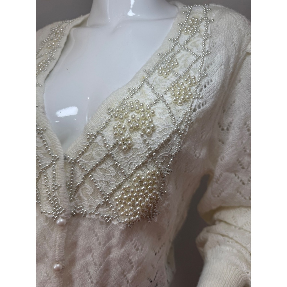 Commense Pearl Embellished Cardigan Sweater,‎ Elegant Knitwear,  Off White M - Picture 8 of 9
